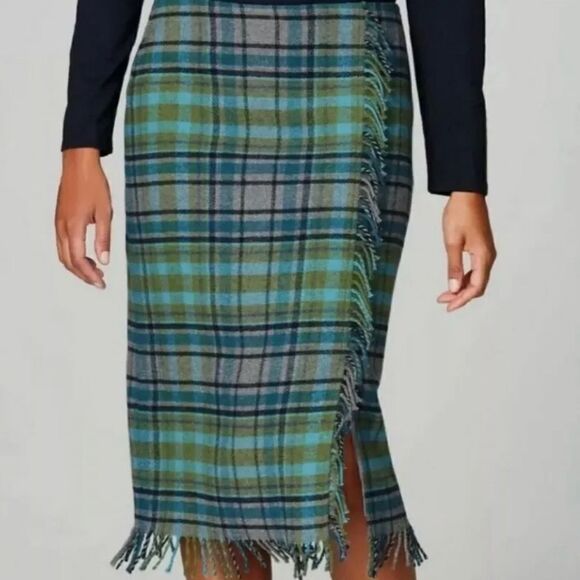 J. Jill Skirt Plaid Wool Blend Wrap Fringe Gray Green Blue Fall Womens 16 - Picture 2 of 13